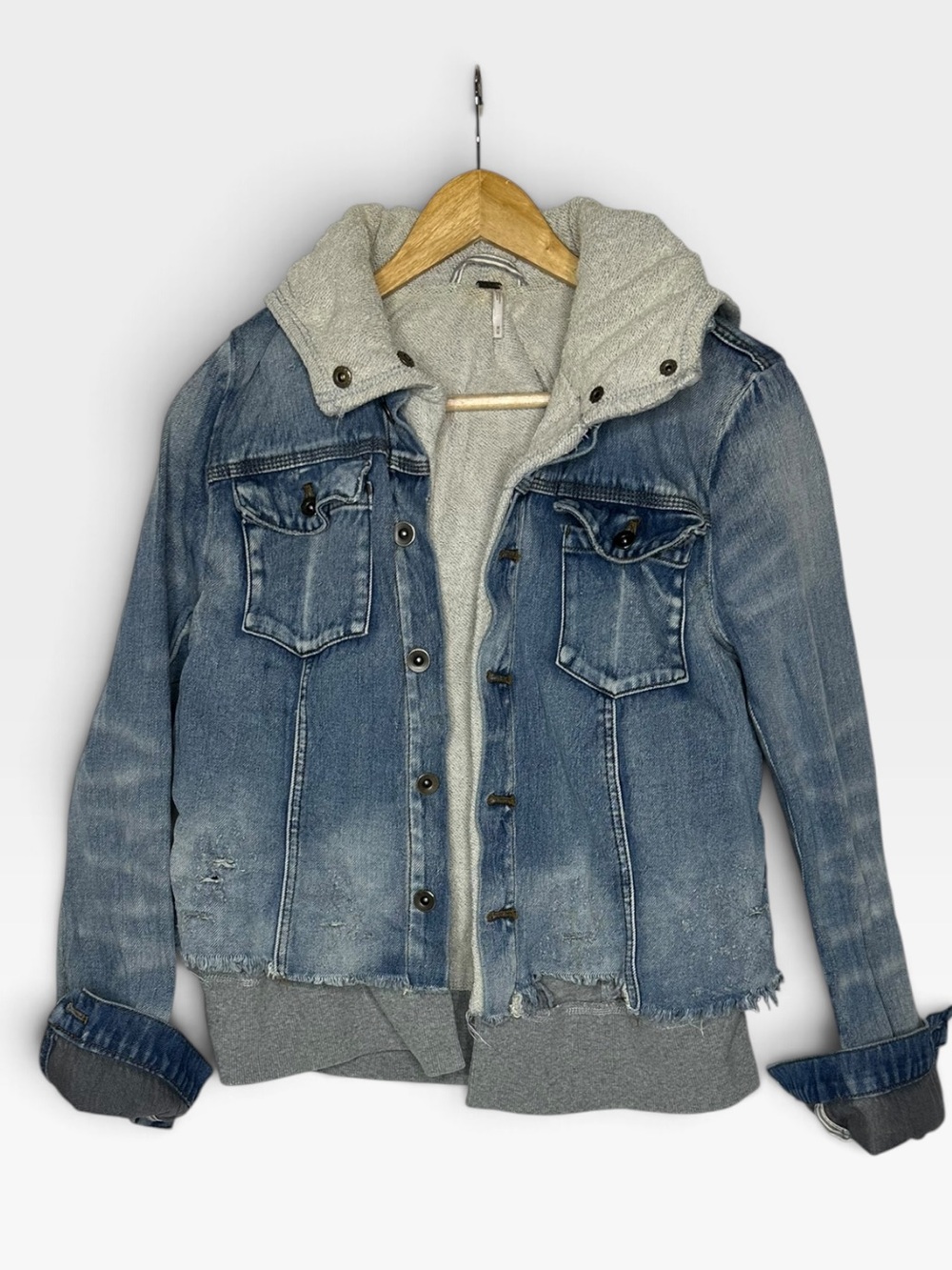 Free People Double Weave Distressed Jersey Denim Jacket m